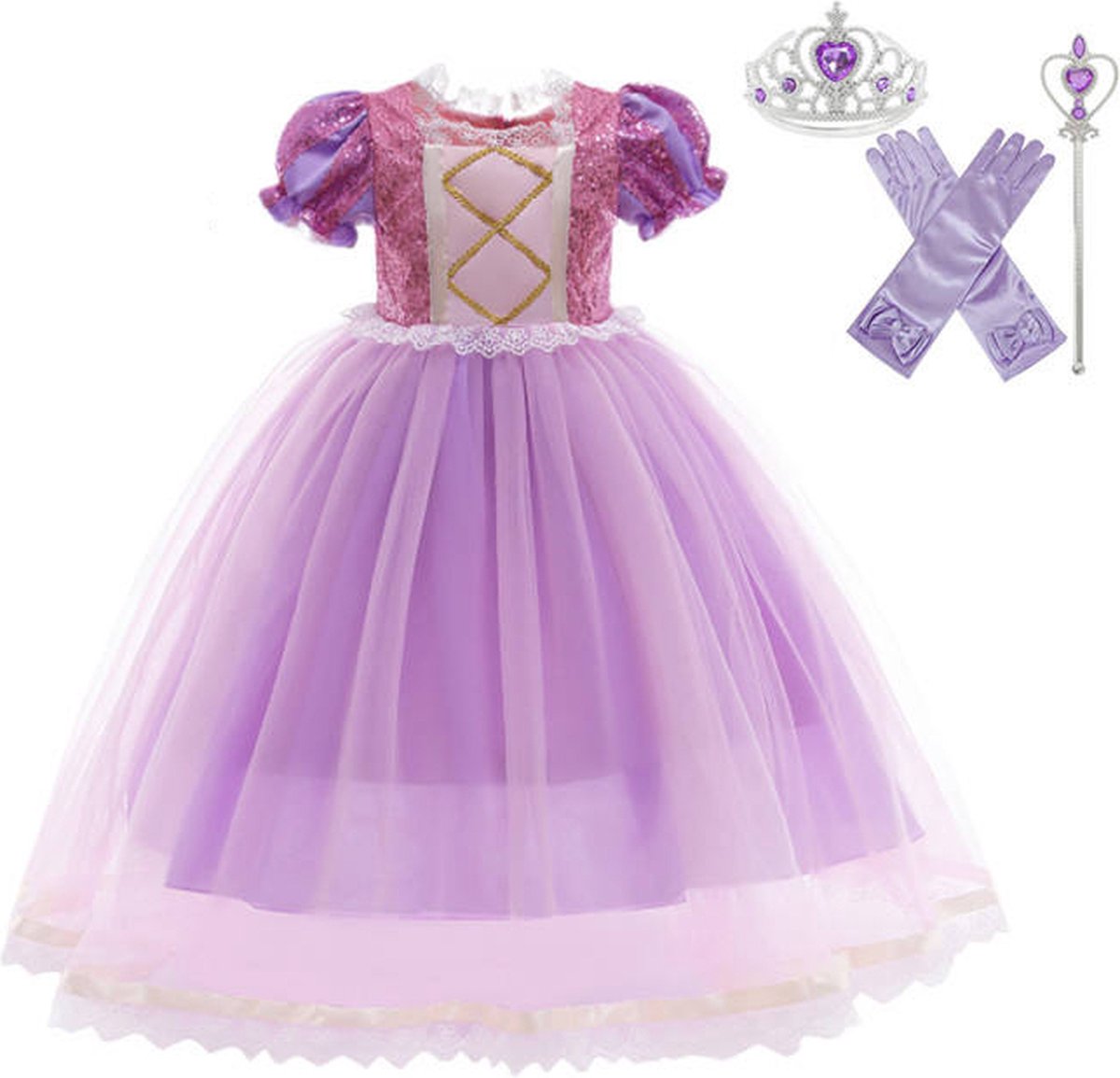 Joya Kids® Paarse Prinsessenjurk meisje | Verkleedjurken meisjes | Prinses met Lange Vlecht jurk Roze en Paars | Met Kroon en Toverstaf | maat 146/152 (150)